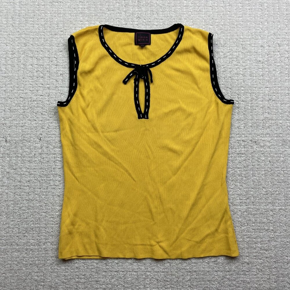 Colour Works Top Women Size S Bright Yellow Boho Retro Sleevless Knit VTG Style